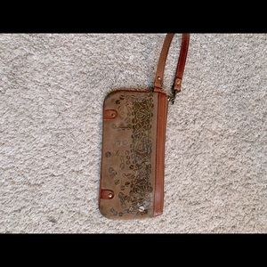 Brown Beaded Genuine Leather Wristlet